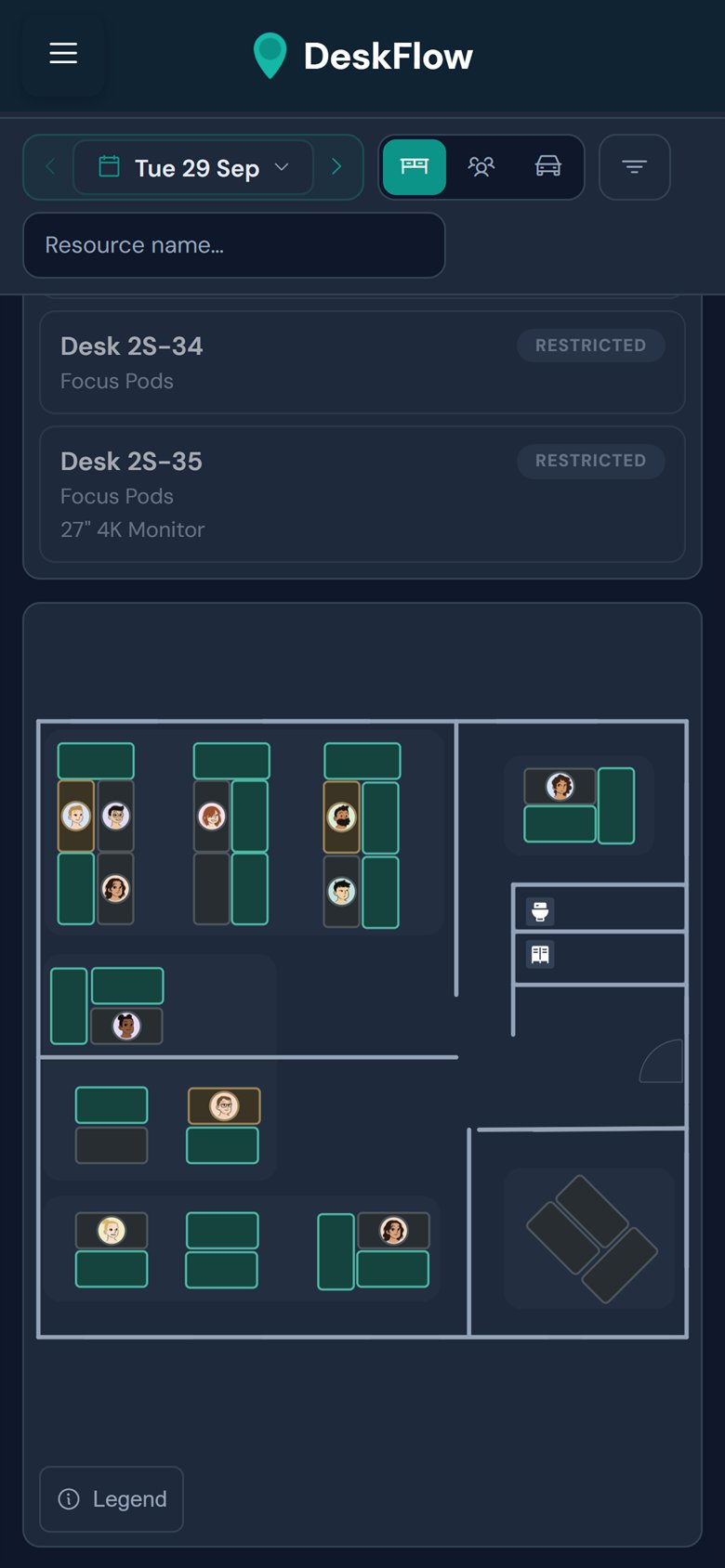 DeskFlow-Grundriss auf dem Smartphone im dunklen Modus