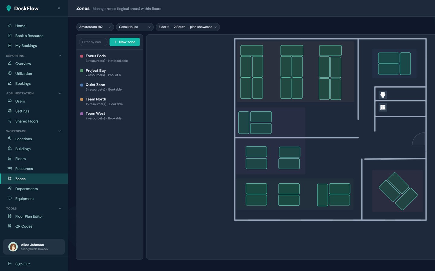 Zone administration next to the floor plan