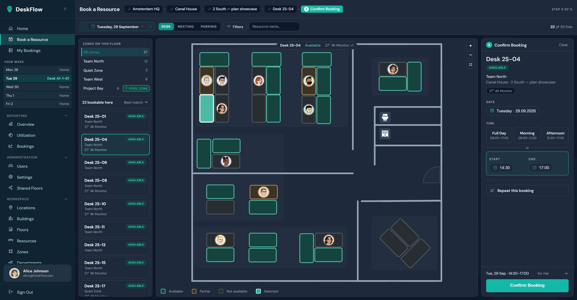 DeskFlow booking page with the floor plan, a list of free desks and the booking panel