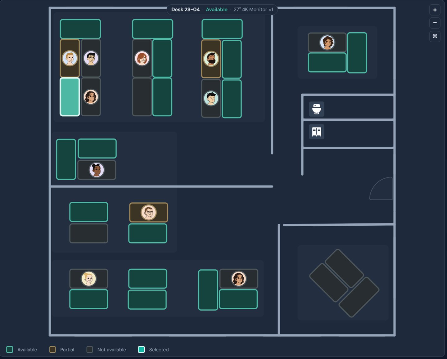 Floor plan with free, partly booked and taken desks